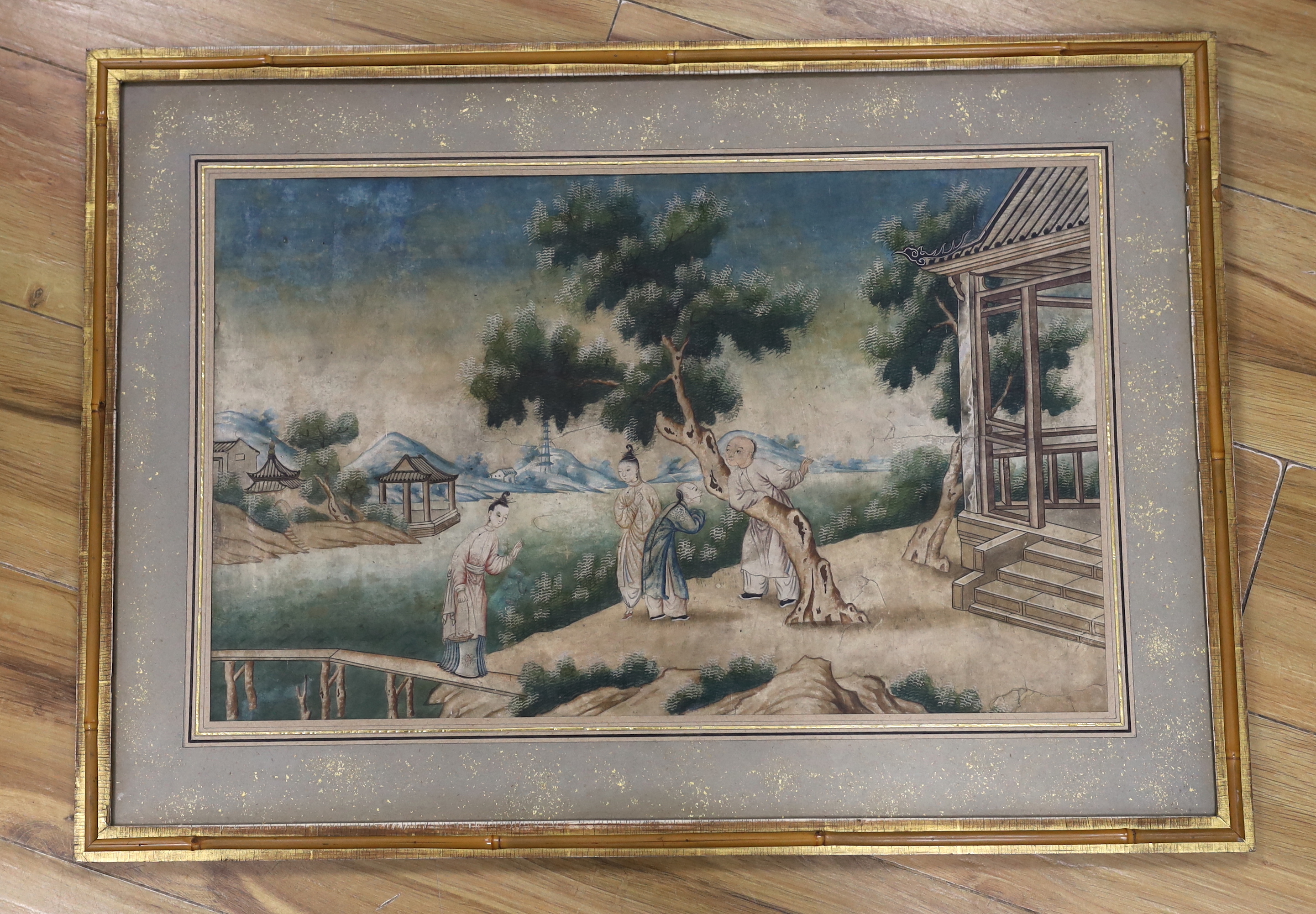 19th century Chinese trade painting, Figures beside a terrace, 55 x 35cm